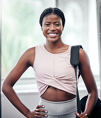 Image showing Happy black woman, portrait and bag for gym, training or workout for health, self care and fitness. Woman, african and smile before training, exercise or wellness for self love with happiness on face