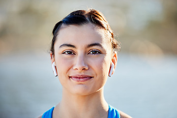 Image showing Wellness, portrait and face of woman with earphones for streaming app, music or podcast on walk. Audio, happy and health of runner girl on break with wireless earphone tech in Canada zoom.