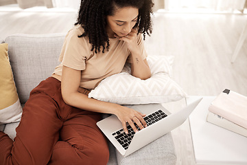 Image showing Black woman, laptop and working from home or internet research for job or university, technology and email, online and connect. Website, browsing and connection while in living room and search web.