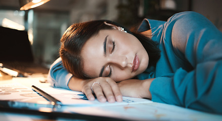 Image showing Sleeping, tired and office business woman at night with planning paperwork for mental health or time management. Fatigue, burnout and corporate employee sleep on desk at a global networking company
