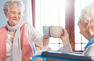 Image showing Elderly women, friends and drink tea with friend together in nursing home, rehabilitation center and retirement home. Senior friendship cheers, drinking hot beverage and happy smile on old woman face