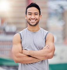 Image showing Happy personal trainer, portrait of strong man and body goals for exercise motivation in Mexico. Young mexican coach with healthy lifestyle, outdoor gym for fitness training and sunshine lens flare