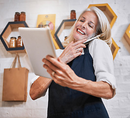 Image showing Small business, woman and tablet, phone call and management in retail honey shop, online store and eco supermarket. Happy business owner, communication and digital planning for customer grocery order