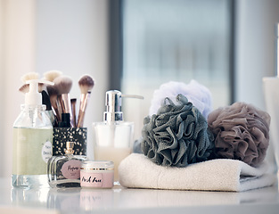 Image showing Beauty, product and skincare tools in a bathroom with no people for cleaning, hygiene and shower with mockup. Makeup, perfume and morning routine items with nobody for wellness, clean and fresh