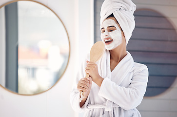 Image showing Skincare, bathroom and singing woman in face mask for cosmetics, beauty and wellness happy with benefits or product results. Skin care dermatology, facial cleaning mask and fun music girl in morning