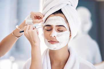 Image showing Skincare, spa and woman with mask for facial care, beauty and wellness with beautician using face brush. Cosmetics, luxury treatment and girl with facial cream for body care, relaxation and detox