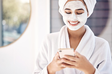 Image showing Skincare, face mask and woman on smartphone for social media cosmetics review, blog post and search dermatology benefits online. Beauty, facial product and girl using phone for morning results update