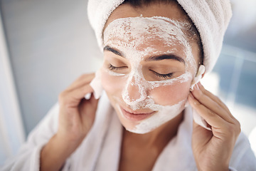 Image showing Healthcare, skincare or facial woman in portrait or spa for wellness, beauty and cosmetics cleaning product with smile. Face mask, health or happy model girl with dermatology product at luxury salon