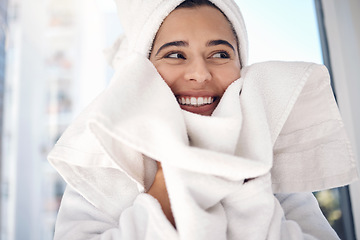 Image showing Spa, towel and healthy happy woman with a wellness, beauty and skincare routine in her bathroom. Happiness, smile and girl with luxury cosmetic facial skin treatment for health, self care and hygiene