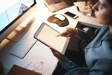 Image showing Mockup, business woman and tablet for online planning, marketing strategy or sales research in office. Female entrepreneur, computer or browse internet for finance, social media apps or communication