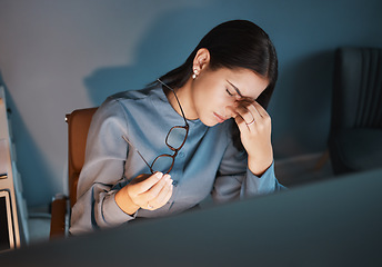 Image showing Stress headache, overtime burnout and woman holding glasses in hand overwhelmed with workload in office. Frustrated, tired girl and late night project at startup with deadline time pressure crisis.