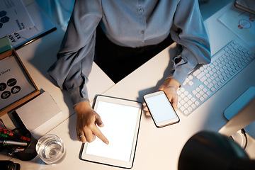 Image showing Tablet, phone screen and hands mockup space, branding and advertising technology for social media in top view. Digital tech, logo and mock up for marketing with internet app online in office at night