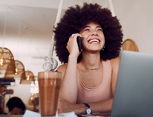 Image showing Phone call, laptop and freelance woman in cafe with smile while talking and doing internet research for article. Freelancer, writer or journalist on phone interview for online project in coffee shop.