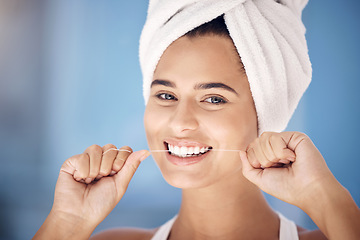 Image showing Woman teeth, dental flossing and healthcare, happy and smile in morning, cleaning and portrait in the morning. Model, wellness and beauty happiness, healthy and mouth health with female face or towel