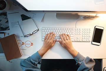 Image showing Computer, keyboard and typing with top view of woman and mockup on screen for research, planning and growth analytics. Technology, innovation and future with hands of employee at desk for management