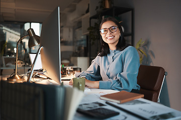 Image showing Business woman, computer and designer with smile for creative ambition, vision or goals at the office. Portrait of happy employee smiling in happiness for career in design or night shift at workplace