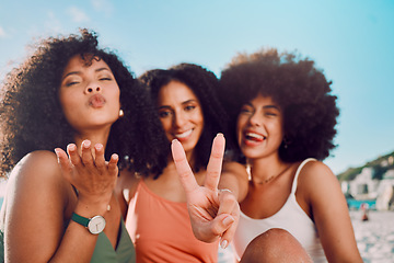 Image showing Happy, peace sign and friends with women on beach for summer break, holiday and travel destination. Party, smile and tropical with portrait of girl and relax for vacation, sunbathing and adventure