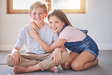 Image showing Home, kids portrait and hug of siblings or friends with youth fun and happiness together. Girl and child bonding, smiling and hugging with young friendship or sibling love on a house floor happy