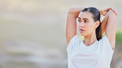 Image showing Stretching arms, woman and outdoor exercise for healthy cardio run, sports fitness training or runner motivation. Health wellness workout, cardiovascular performance and athlete person warm up