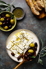 Image showing Feta cheese, olives and ciabatta, top view