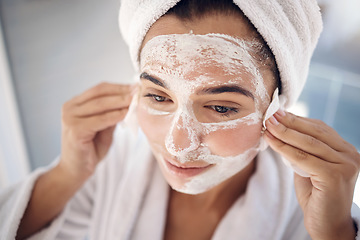 Image showing Woman, face mask and cotton pad, facial treatment and detox dermatology after shower in home bathroom. Young female, skincare cleaning product and cosmetics for shine, glow and beauty transformation