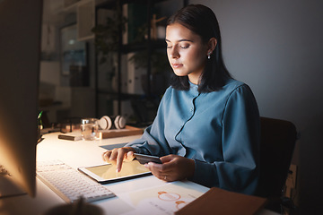 Image showing Online shopping, night and business woman with tablet typing in credit card details, payment and account data. Ecommerce, digital technology and girl by desk in dark office doing internet banking