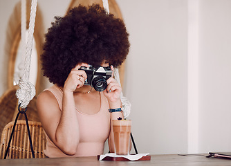 Image showing Black woman, camera and drink for social media, online post and blogger. African American female, young girl or influencer take picture, for posting on internet or milkshake for creative photographer