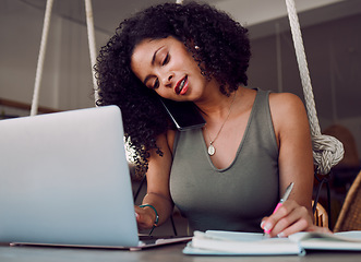 Image showing Laptop, phone call and black woman writing in notebook, multitasking and working in cafe. Freelancer, tech and female remote worker with computer, books and mobile smartphone networking with contact.