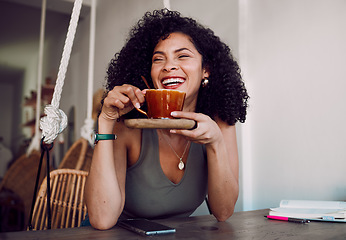 Image showing Black woman, coffee and smile for remote work, happy or relax at break or lunch at a cafe table. African American female, freelancer or entrepreneur enjoy tea in restaurant after business success