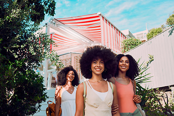 Image showing Black women, friends and summer relax, vacation and break together in san francisco. Happy, young and female group at holiday house of fun, happiness and freedom in traveling, trip and tourism resort