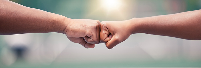 Image showing Closeup, fist bump and sport for success, motivation or teamwork together with lens flare while outdoor. Tennis player, friends and hands touch for support, team building or sports at summer training