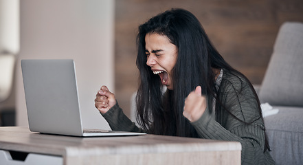 Image showing Anger, woman and laptop being frustrated, upset and unhappy with results, browse online and search internet in living room. Female, girl or student with digital device, anxiety, scream and in lounge.