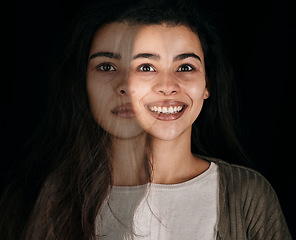 Image showing Depression, mental health and woman with stress, anxiety and bipolar on black background with double exposure. Psychology, depressed and dark horror face of a crazy girl with a mind problem in studio