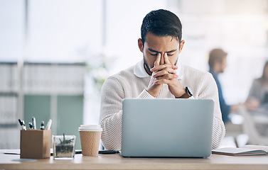 Image showing Stress, laptop and Asian man with headache, anxiety and issues with planning, internet browse and office. Young male, upset entrepreneur and tired business owner with burnout, upset and mental health