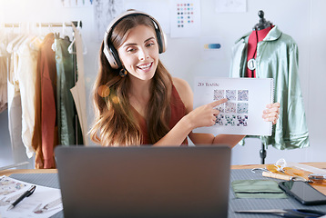 Image showing Laptop video call, textile design and designer present creative fabric options on digital web presentation. Webinar communication, workshop and woman point at fashion choice of retail clothes pattern