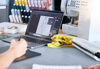 Image showing Fashion, designer and laptop for a sketch or drawing for clothes manufacturing in a tailor workshop or factory for creative ideas. Hand of woman at desk with design technology for illustration work