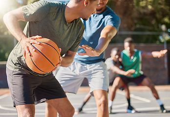 Image showing Basketball, team and training block on court for competition, game plan and outdoor for health, wellness and fitness together. Defend, match and teamwork with ball, practice and workout for exercise.