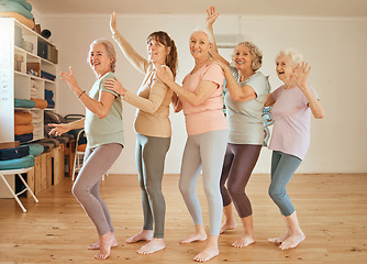 Image showing Elderly, yoga and portrait of friends row dance together on class break for cheerful fun. Retirement, wellness and senior friendship in yoga class with happy, healthy and fitness women.