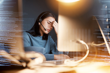 Image showing Call center, headache and woman with stress for big data, information technology software solution and problem solving. Digital overlay, graphic and tried night consultant or IT agent on her computer