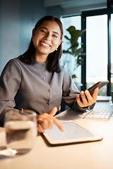 Image showing Tablet, screen and technology of business woman in office with multimedia marketing, ux design and advertising success portrait. Happy corporate manager with digital innovation at her desk with light