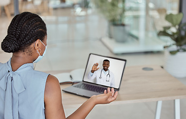 Image showing Patient, video call and covid black woman on a laptop screen meeting with doctor online with a mask. Healthcare, medical and corona with a female and health professional virtual consulting or advice