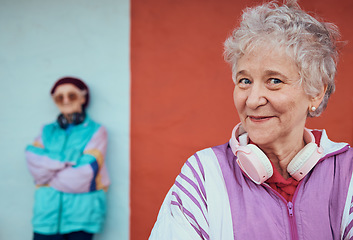 Image showing Music, hip hop and senior women with street style, urban smile and 5g headphones in the city. Pride, happy and face portrait of an elderly lady in retirement streaming radio audio for happiness