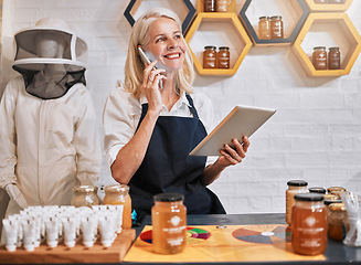 Image showing Phone call, honey and tablet with woman in store for natural product, organic and grocery shopping. Retail, health and food ingredient with small business owner with communication and technology