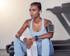 Image showing Fitness, woman and break in sweat from running exercise, cardio workout or training on treadmill at the gym. Tired female relaxing after intense exercising sport run for healthy breathing or wellness