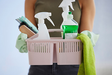 Image showing Cleaning service, product basket and cleaner hands for house work, office or home with plastic bottle, product and cloth gear. Woman zoom with hygiene liquid or detergent for spring cleaning career