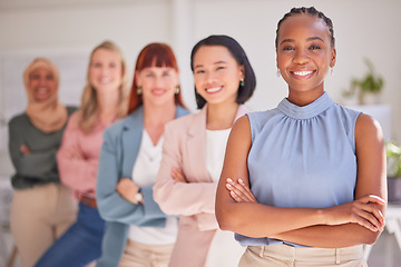 Image showing Portrait, diversity or women with smile, leadership or happy together in office. Business ladies, black woman or multiracial happiness, growth or success for company, commitment or pride in workplace