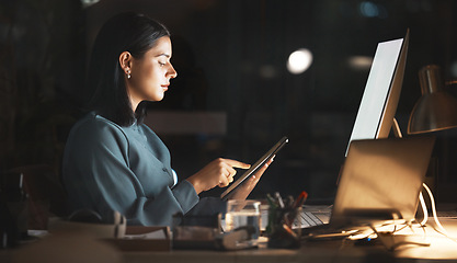 Image showing Laptop, computer or business woman on tablet at night in office for research, cloud computing or planning marketing schedule. IT, programmer or developer working overtime review startup cybersecurity