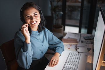 Image showing Call center portrait, happy CRM or woman customer service with smile for success consulting, communication or networking. Employee, consultant or sales advisor for motivation, support or contact us