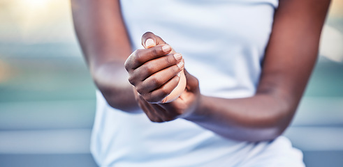 Image showing Black woman stretching wrist, sports injury in outdoor park and hands of athlete with medical emergency. Girl checking pulse of heart rate, broken joint on arm and pain in carpal tunnel accident