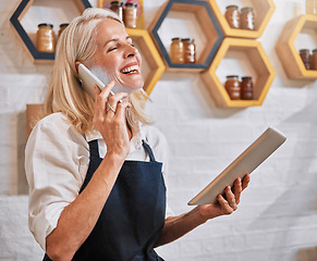 Image showing Phone call, tablet or product with woman in store for natural, organic or communication for grocery shopping. Happy startup, honey or retail small business owner for supermarket, food or wellness